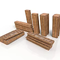 Wooden Rectangular Blocks And Long Strips With Brown Textured Surface Stacked And Arranged 3d model