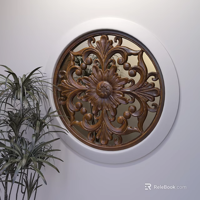 Elegant Circular Carved Window Decoration With Intricate Wooden Patterns And Green Plant 3d model 
