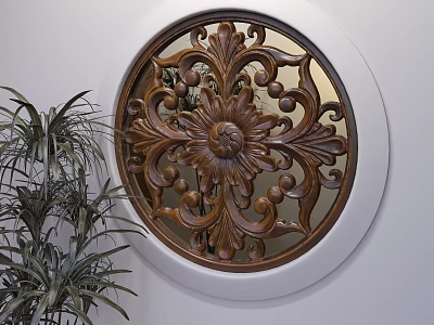 Elegant Circular Carved Window Decoration With Intricate Wooden Patterns And Green Plant 3d model