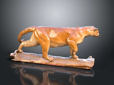 Brown Ceramic Leopard Sculpture Standing On Wooden Base With Glossy Surface 3d model