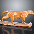 Brown Ceramic Leopard Sculpture Standing On Wooden Base With Glossy Surface