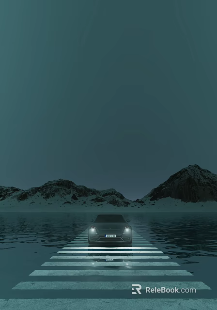 Black Car With Headlights On Moving Over Water Near Snowy Mountain Range 3d model 