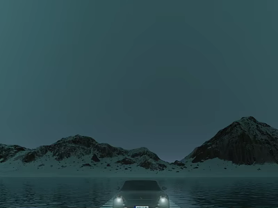 Black Car With Headlights On Moving Over Water Near Snowy Mountain Range 3d model