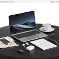 Laptop On Black Table With Coffee Cup Work Notebook Headphones And Glasses