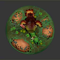 Winged Green Frog Game Character on Circular Base with Lily Pad Patterns and Red Reeds