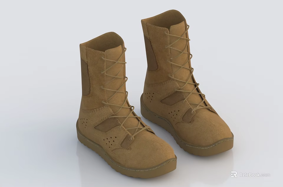 Brown Suede Lace Up Boots With Perforated Details And Flat Sole 3d model 