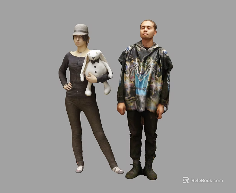Two People With Plush Rabbit And Different Outfits 3d model