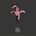 3D Anime Character With Pink Hair Green Top Purple Outfit And Pink Sash On Rock
