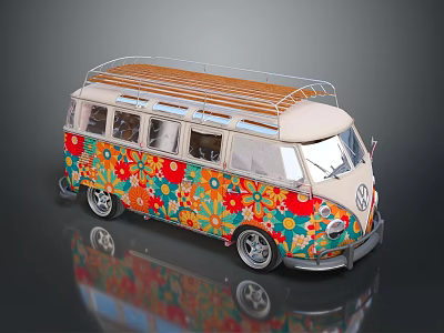 Vintage Volkswagen Van Decorated With Colorful Floral Patterns And Wooden Roof Rack 3d model