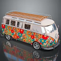 Vintage Volkswagen Van Decorated With Colorful Floral Patterns And Wooden Roof Rack