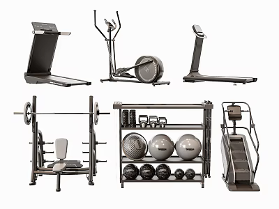 Home Gym Fitness Equipment Collection With Treadmill Elliptical Barbell Exercise Balls And Dumbbells 3d model