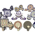 Decorative Tableware Set With Teapots Plates Mugs And Bowls Featuring Floral Patterns 3d model