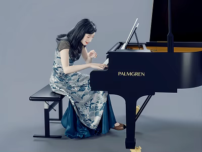 Woman Playing Piano In Elegant Floral Long Dress With Black PALMGREN Piano 3d model