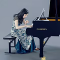 Woman Playing Piano In Elegant Floral Long Dress With Black PALMGREN Piano