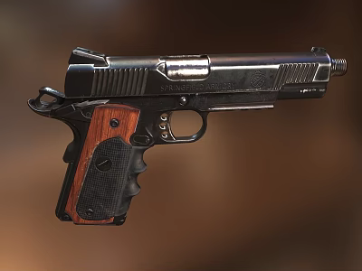 Sleek Pistol Design Featuring Black Metal Body And Textured Wooden Grip 3d model