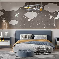 Charming Kids Room With Cloud Star Moon Wall Decor Airplane Chandelier Bed And Soft Rug