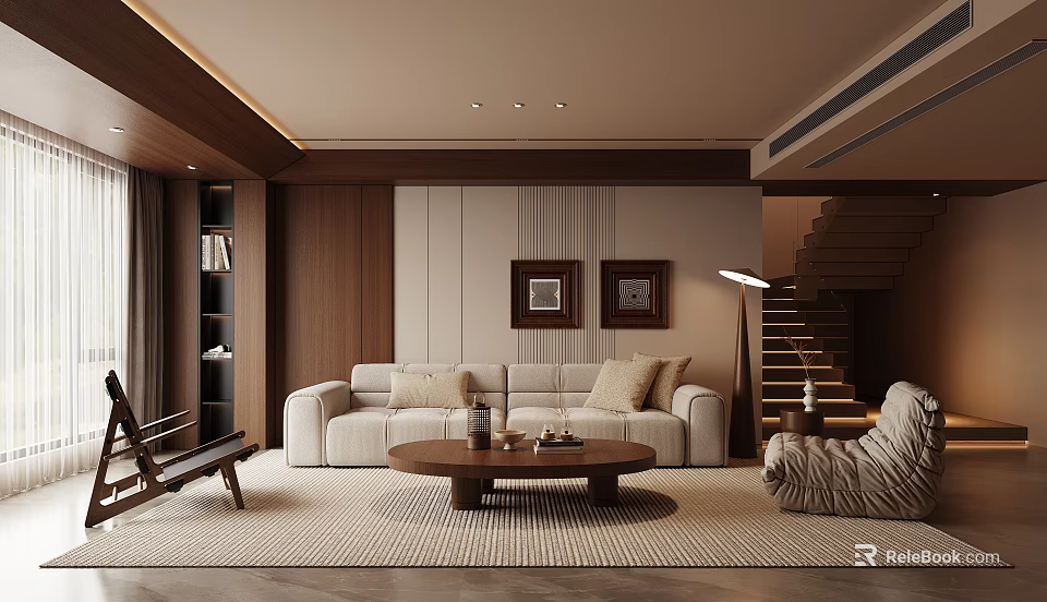 Modern Living Room Interior With Wooden Accent Wall Light Brown Sofa And Round Coffee Table 3d model 