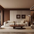 Modern Living Room Interior With Wooden Accent Wall Light Brown Sofa And Round Coffee Table