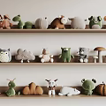 Plush Toys on Shelves with Various Cute Animal Designs for Children's Room Decor