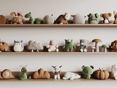 Plush Toys on Shelves with Various Cute Animal Designs for Children's Room Decor 3d model