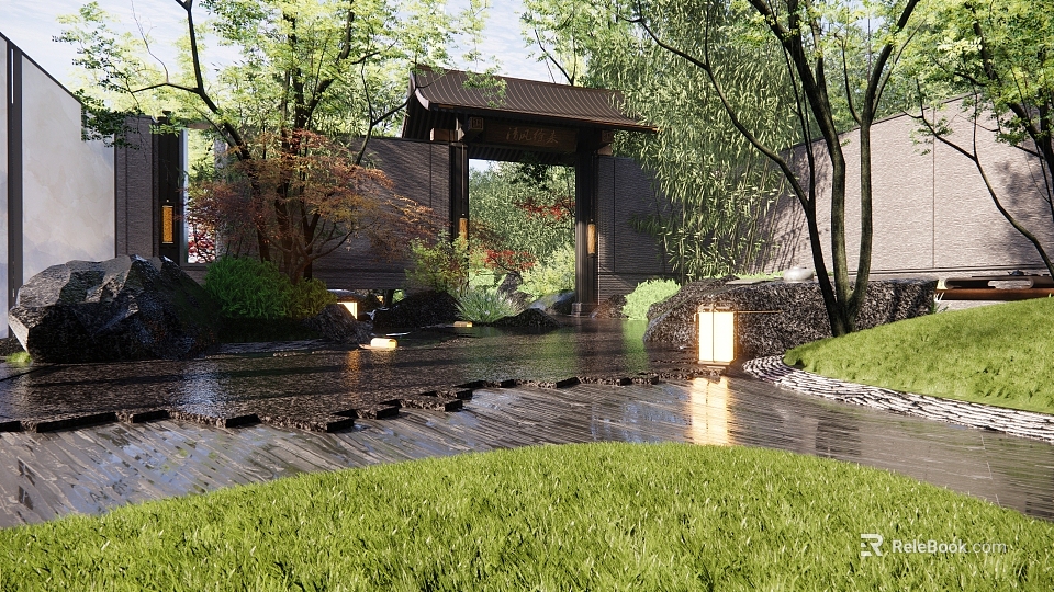Traditional Chinese Entrance Gate Surrounded by Trees Grass Waterway Stone Path and Light Lantern 3d model 