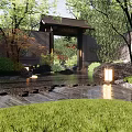 Traditional Chinese Entrance Gate Surrounded by Trees Grass Waterway Stone Path and Light Lantern