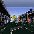Lively Commercial Street Evening Ambiance With Modern Buildings Outdoor Seating Decorative Lighting and Green Plants