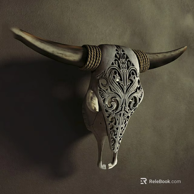Artistic Bull Skull Wall Decor with Intricate Carvings and Horns Adorned Metal Bands 3d model 