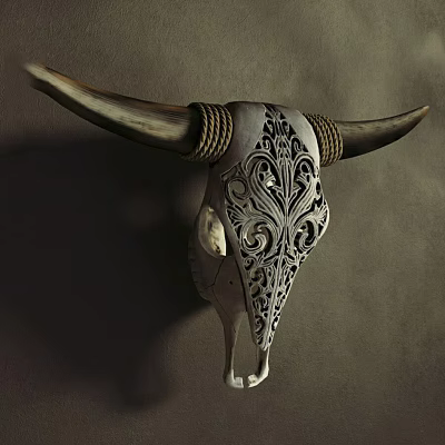 Artistic Bull Skull Wall Decor with Intricate Carvings and Horns Adorned Metal Bands 3d model
