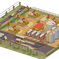 Cartoon Style Oil Industry Facility With Storage Tanks Oil Pumps Trucks And Roads