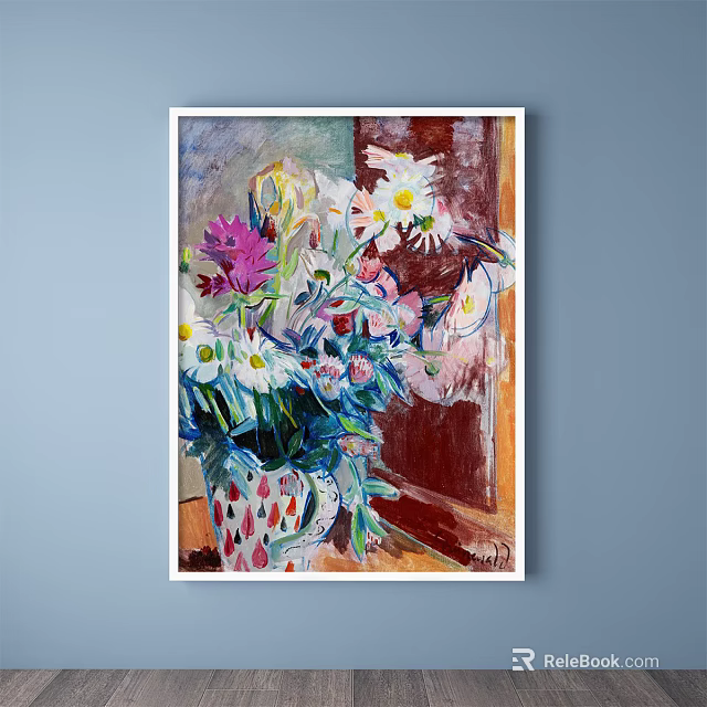 Vibrant Oil Painting of Vase with White Daisies Pink Purple Flowers and Red Strawberry Pattern 3d model 