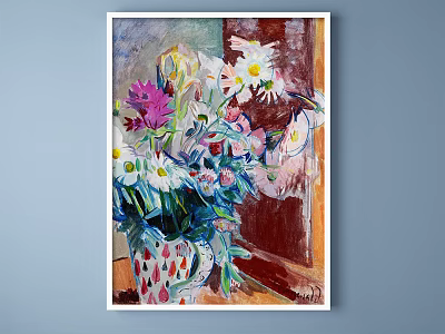 Vibrant Oil Painting of Vase with White Daisies Pink Purple Flowers and Red Strawberry Pattern 3d model