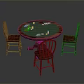 Round Poker Game Table With Green Felt Surface Poker Chips Playing Cards And Wooden Chairs