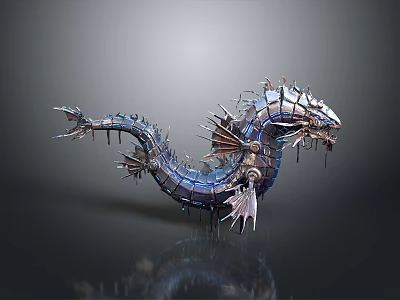 Metallic Dragon Like Creature Design With Blue Silver Spikes And Mechanical Parts 3d model