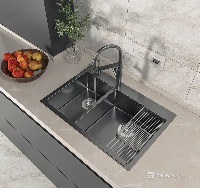 Stainless Steel Kitchen Sink With Faucet And Drainer Rack On Countertop 3d model 