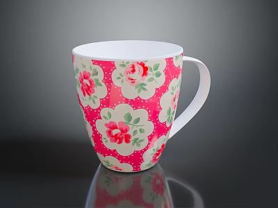 Pink Ceramic Cup With Floral Pattern White Rim And Handle For Daily Use 3d model