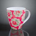 Pink Ceramic Cup With Floral Pattern White Rim And Handle For Daily Use