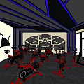 Modern Fitness Studio With Red Spin Bikes Blue Lighting And Geometric Wall Design