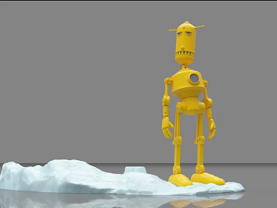 Intelligent Yellow Robot Standing On Iceberg With Gray Background Design 3d model