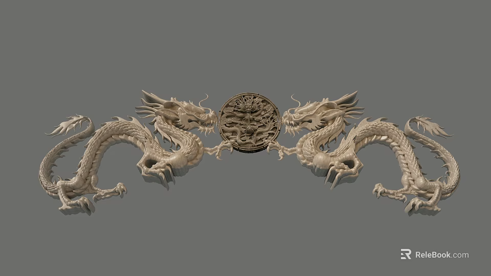 Intricate Two Dragons Sculpture With Central Circular Carving On Gray Background 3d model 