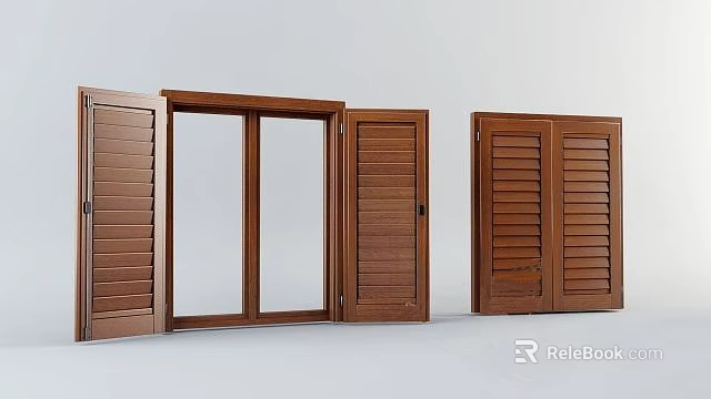 Wooden Double Doors With Louvered Panels And Glass Insert Designs For Home 3d model 