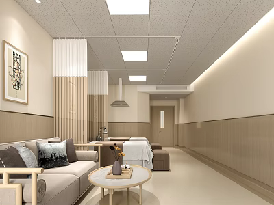 Modern Hospital Outpatient Clinic Waiting Area With Comfortable Sofa Coffee Table And Warm Lighting 3d model