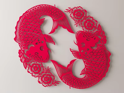 Red Paper Cut Koi Fish Wall Decor With Floral Patterns And Traditional Design 3d model
