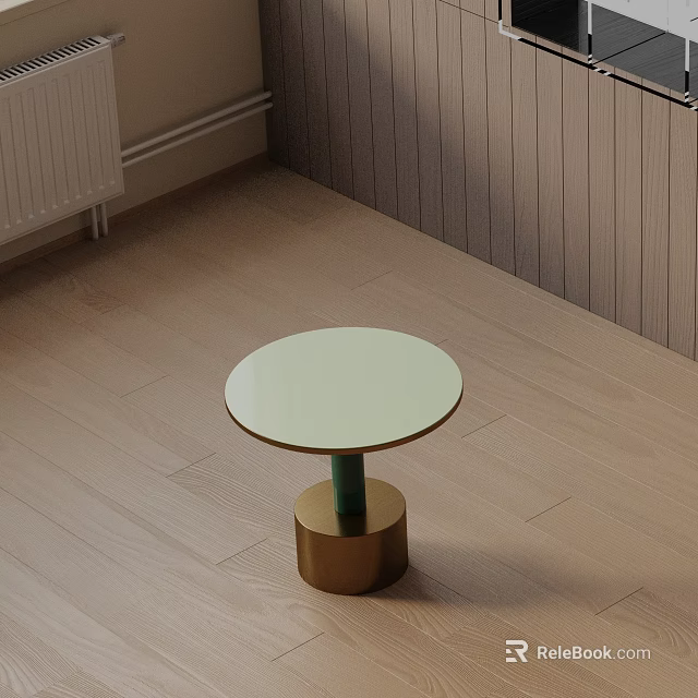 Stylish Round Top Side Table With Light Green Surface And Gold Cylindrical Base 3d model
