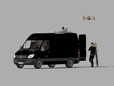Black Mercedes-Benz Utility Van With Open Door Roof Equipment Drone And Nearby Person 3d model