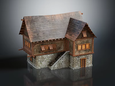Traditional Wooden House With Sloped Roof Stone Walls Wooden Windows And Exterior Staircase 3d model