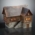 Traditional Wooden House With Sloped Roof Stone Walls Wooden Windows And Exterior Staircase