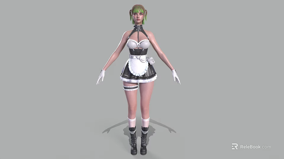 Woman With Green Hair Wearing Maid Outfit White Gloves And Black Boots 3d model 