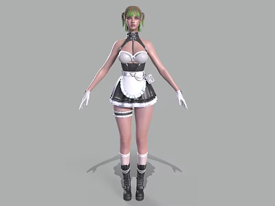 Woman With Green Hair Wearing Maid Outfit White Gloves And Black Boots 3d model