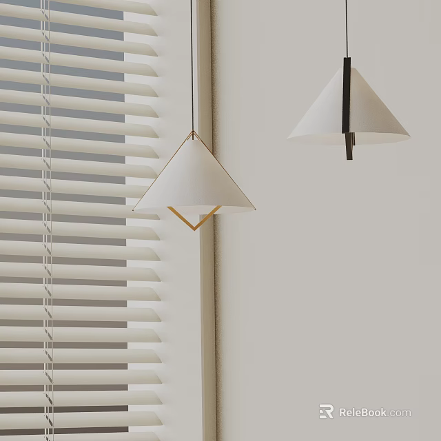 Two White Triangular Pendant Lights With Metal Brackets And Window Blinds In Modern Interior 3d model 